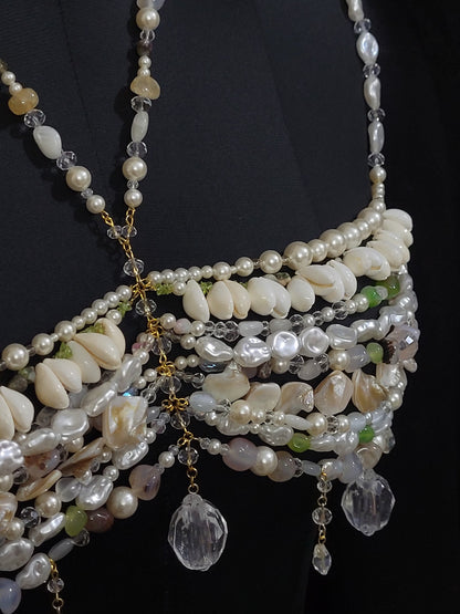 Handmade Pearl & Gemstone Bralette Body Chain – Luxury Mermaid Core Top, Shell Beaded Bra, Statement Festival Jewelry