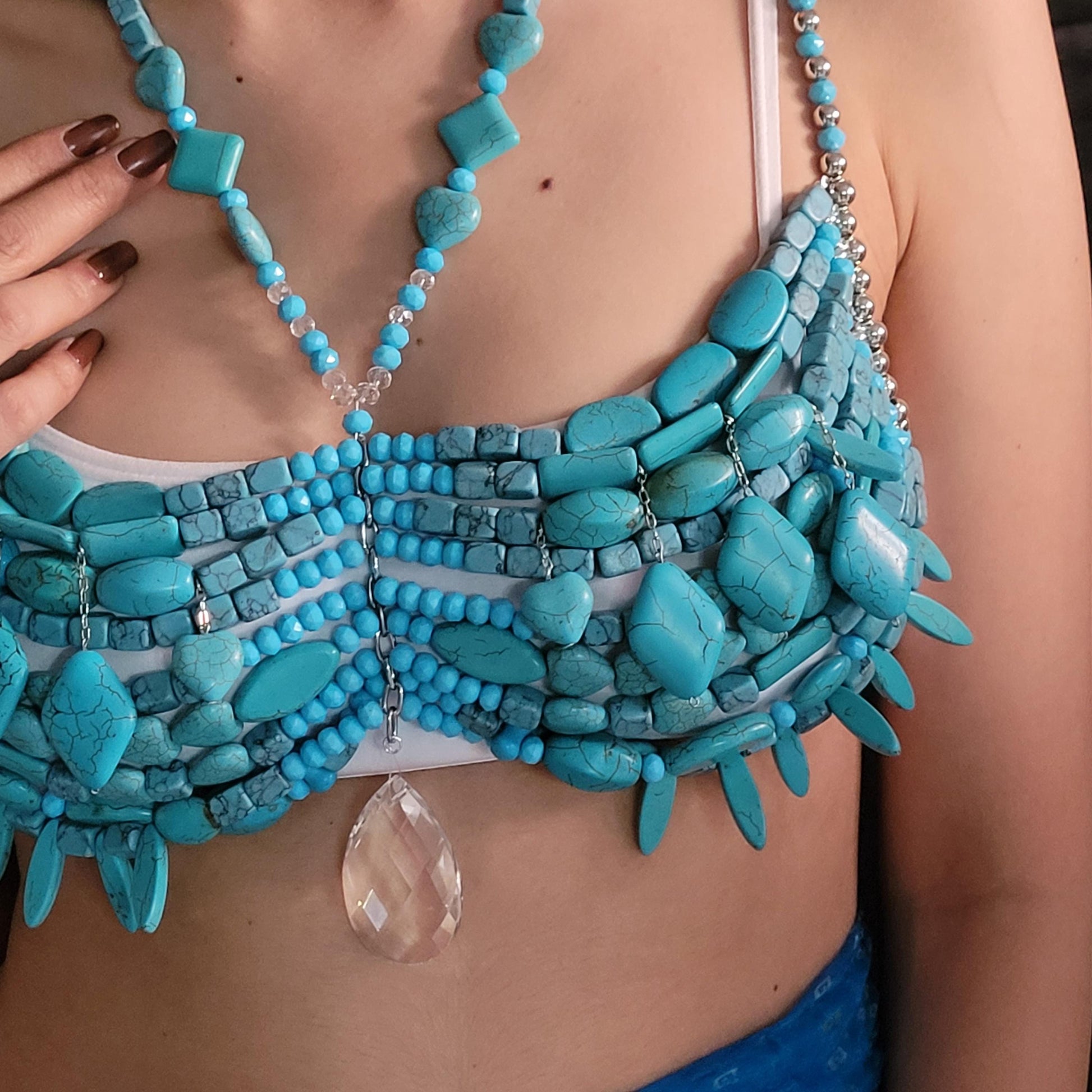 Handmade Turquoise Stone Beaded Bralette Top | Festival Rave Top | Mermaidcore Boho Costume Bra | Belly Dance Cosplay Statement Wear