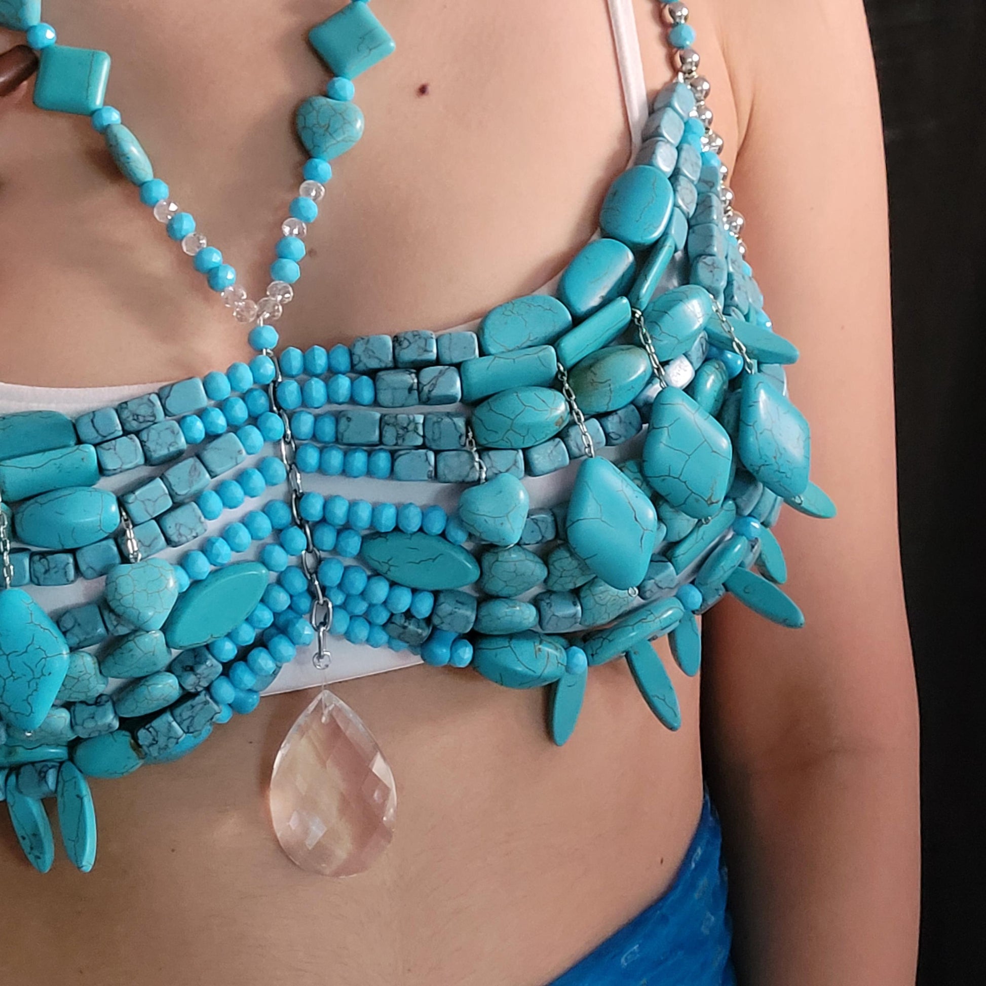 Handmade Turquoise Stone Beaded Bralette Top | Festival Rave Top | Mermaidcore Boho Costume Bra | Belly Dance Cosplay Statement Wear