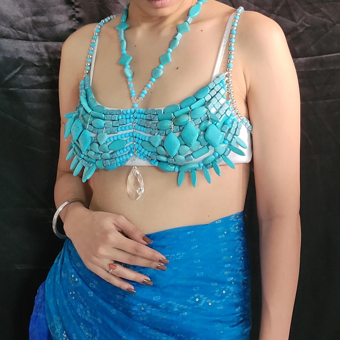 Handmade Turquoise Stone Beaded Bralette Top | Festival Rave Top | Mermaidcore Boho Costume Bra | Belly Dance Cosplay Statement Wear