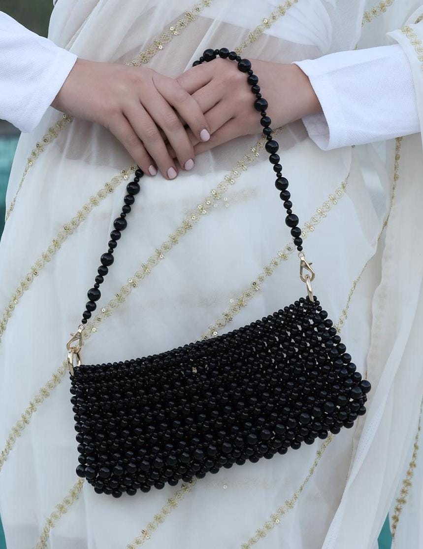 black beaded bag, wedding bag, wrist bag, beach party birthday gift, anniversary gift, rave carnival festival , gift for her, casual fit ,gift for mom