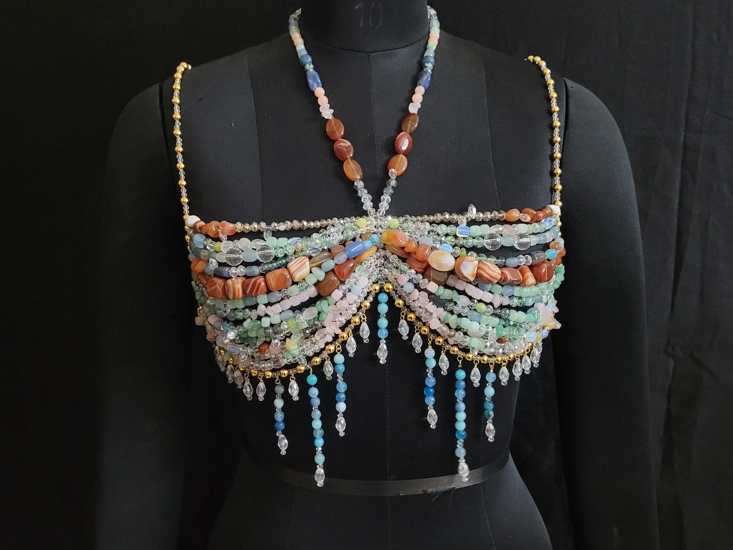 Luxury Gemstone Beaded Bralette Handmade Crystal & Semi-Precious Gemstone Body Jewelry Mermaid Top – Festival, Party Photoshoot Beach Wear