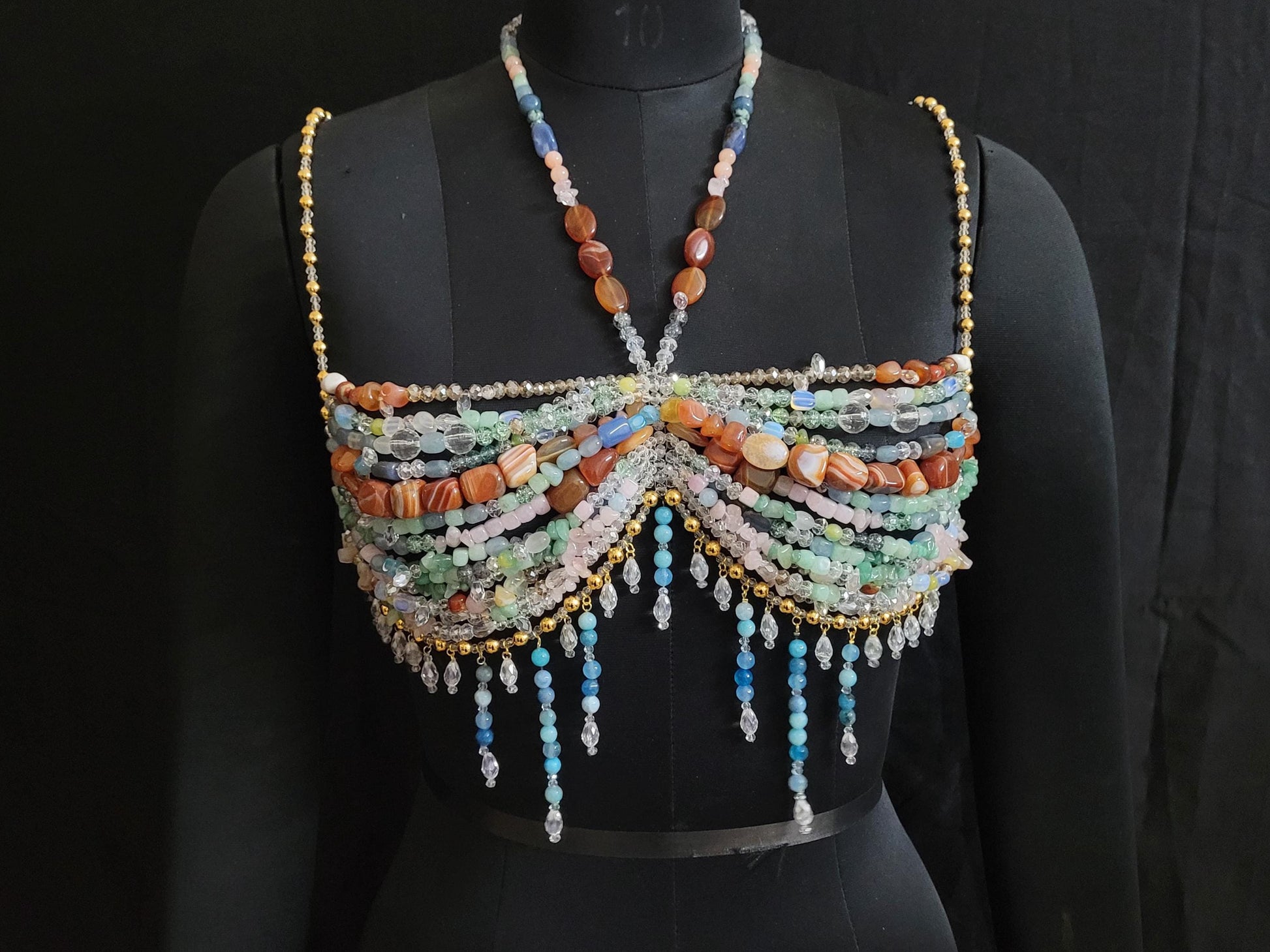 Luxury Gemstone Beaded Bralette Handmade Crystal & Semi-Precious Gemstone Body Jewelry Mermaid Top – Festival, Party Photoshoot Beach Wear