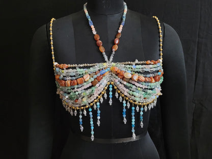 Luxury Gemstone Beaded Bralette Handmade Crystal & Semi-Precious Gemstone Body Jewelry Mermaid Top – Festival, Party Photoshoot Beach Wear