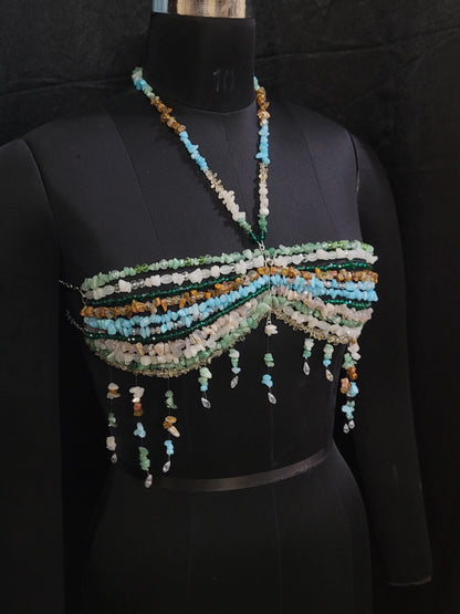Mix Gemstone Bead Bra Pearl, Beaded Bralette Body Chain, Mermaid Core Top Festival Outfit, Christmas Holiday Party Costume, Carnaval Dress