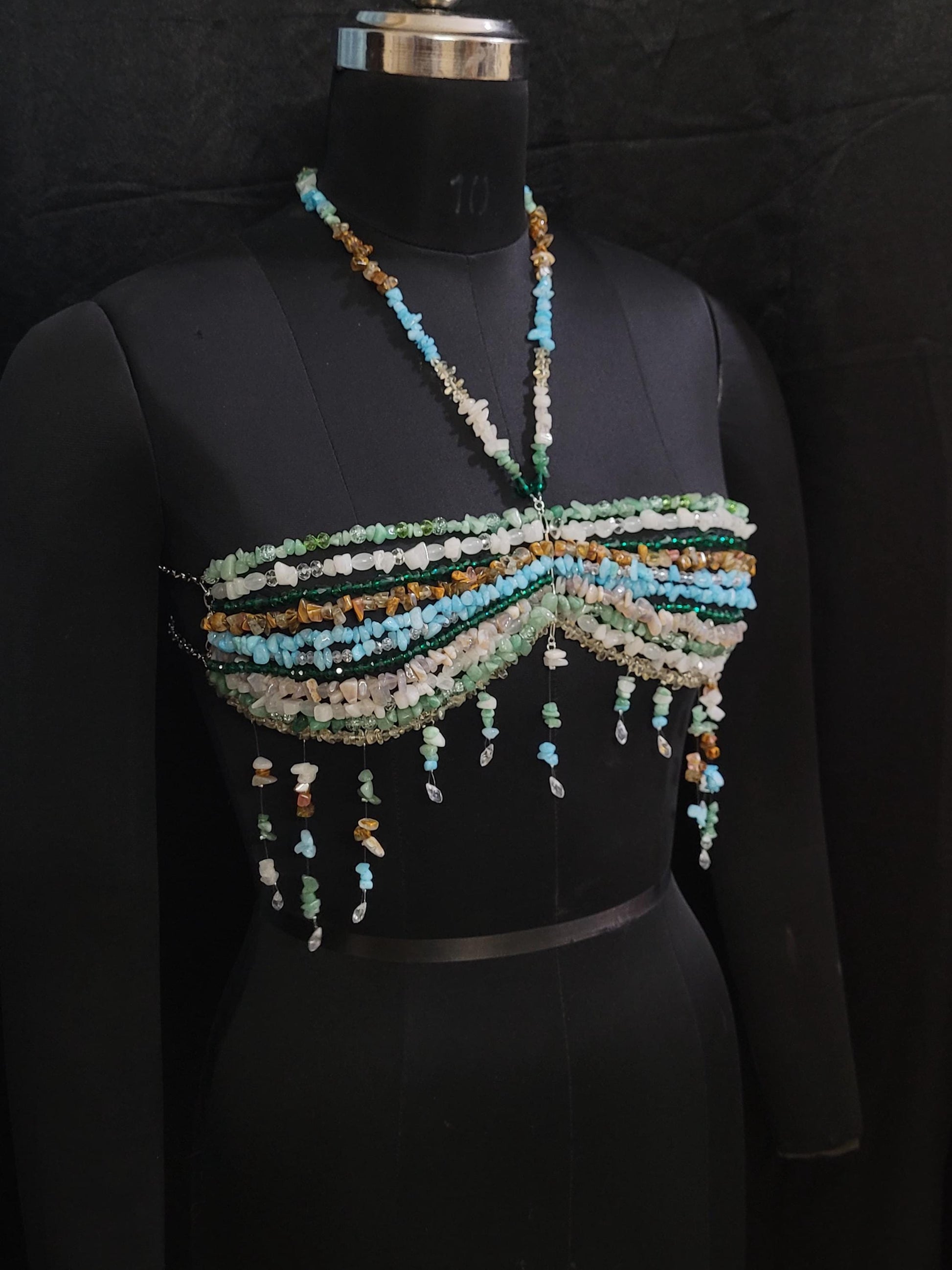 Mix Gemstone Bead Bra Pearl, Beaded Bralette Body Chain, Mermaid Core Top Festival Outfit, Christmas Holiday Party Costume, Carnaval Dress