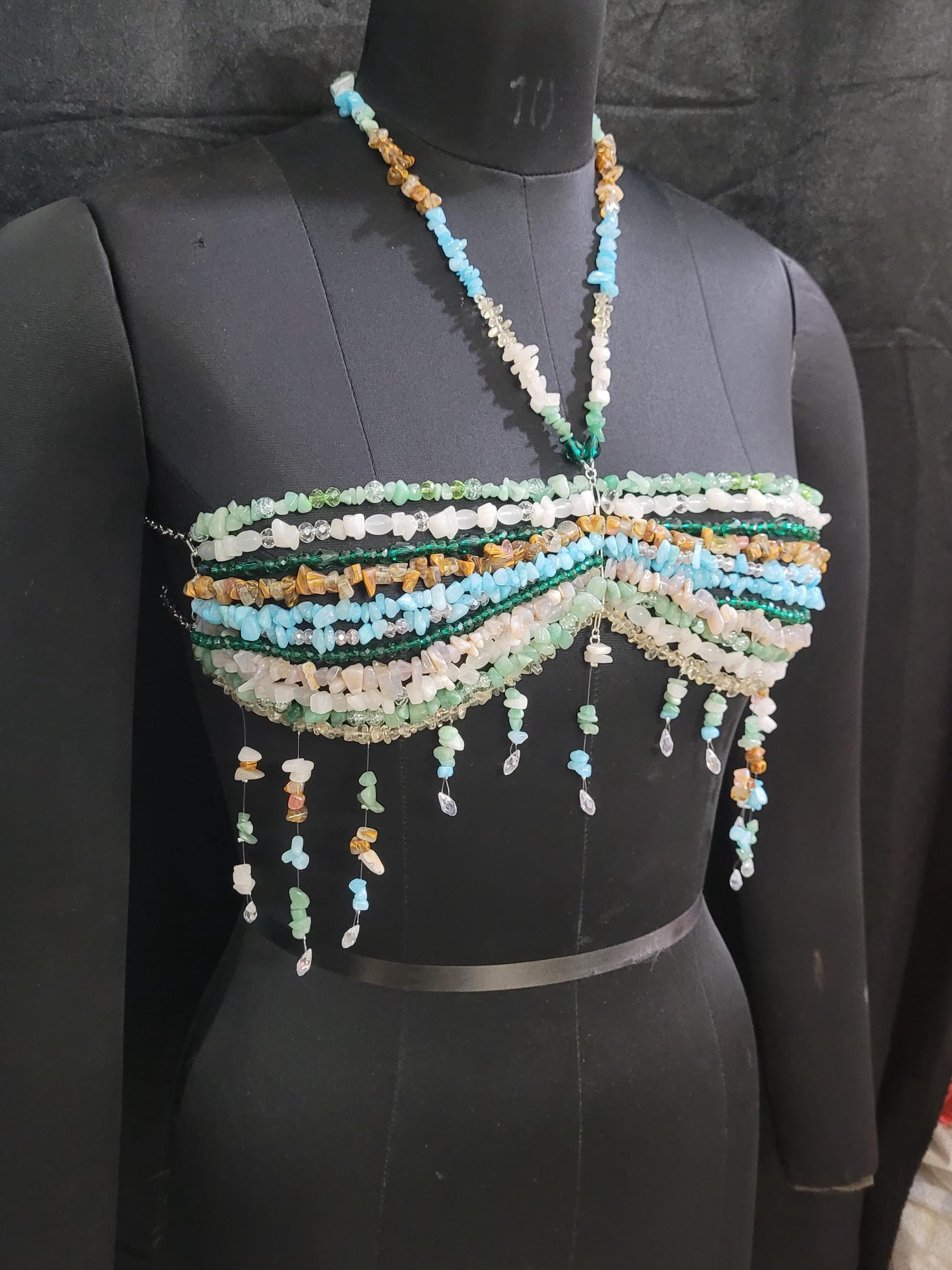 Mix Gemstone Bead Bra Pearl, Beaded Bralette Body Chain, Mermaid Core Top Festival Outfit, Christmas Holiday Party Costume, Carnaval Dress
