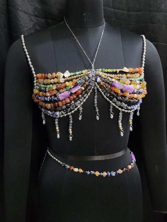 Mix Gemstone Beaded Bra & Waist Chain, Beaded Bralette Body Chain, Mermaid Core Top Festival Outfit Carnival Burlesque Costume, Belly Chain