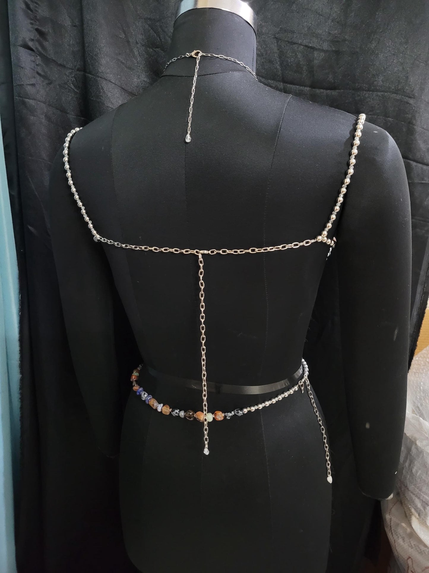 Mix Gemstone Beaded Bra & Waist Chain, Beaded Bralette Body Chain, Mermaid Core Top Festival Outfit Carnival Burlesque Costume, Belly Chain