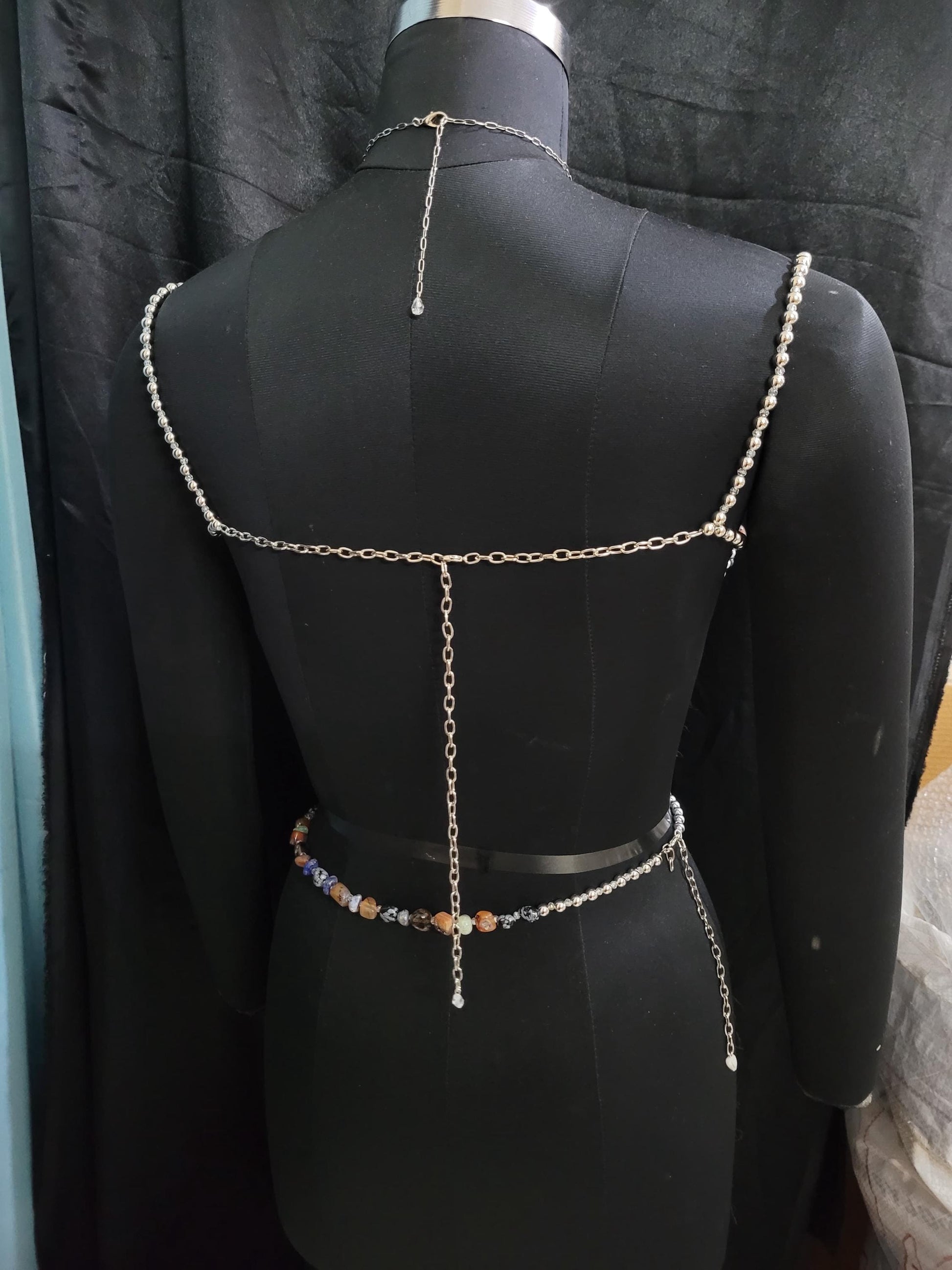 Mix Gemstone Beaded Bra & Waist Chain, Beaded Bralette Body Chain, Mermaid Core Top Festival Outfit Carnival Burlesque Costume, Belly Chain
