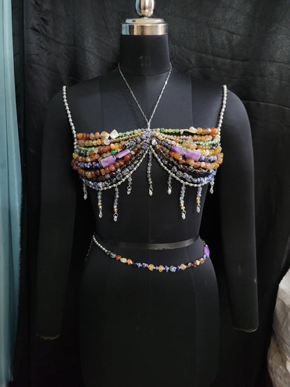 Mix Gemstone Beaded Bra & Waist Chain, Beaded Bralette Body Chain, Mermaid Core Top Festival Outfit Carnival Burlesque Costume, Belly Chain