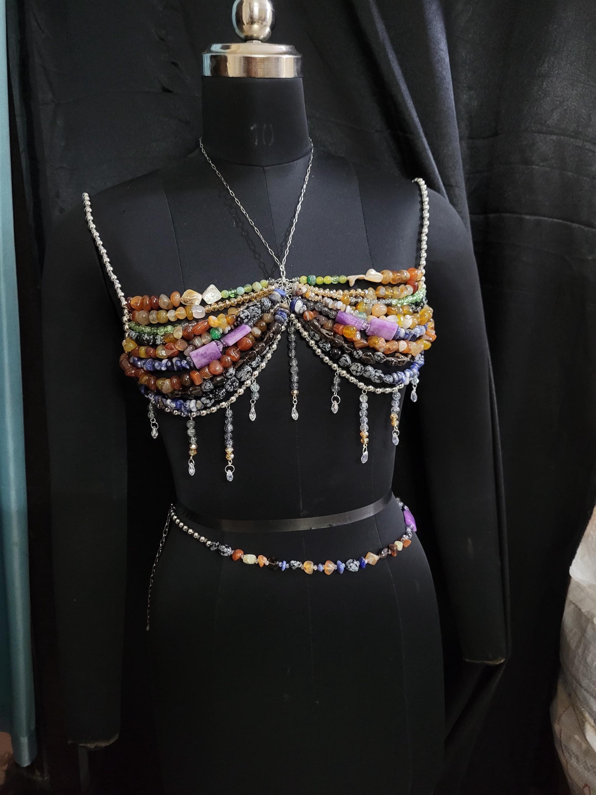 Mix Gemstone Beaded Bra & Waist Chain, Beaded Bralette Body Chain, Mermaid Core Top Festival Outfit Carnival Burlesque Costume, Belly Chain