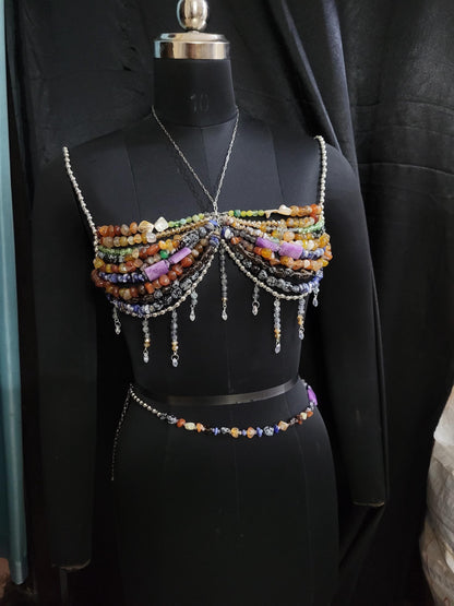 Mix Gemstone Beaded Bra & Waist Chain, Beaded Bralette Body Chain, Mermaid Core Top Festival Outfit Carnival Burlesque Costume, Belly Chain