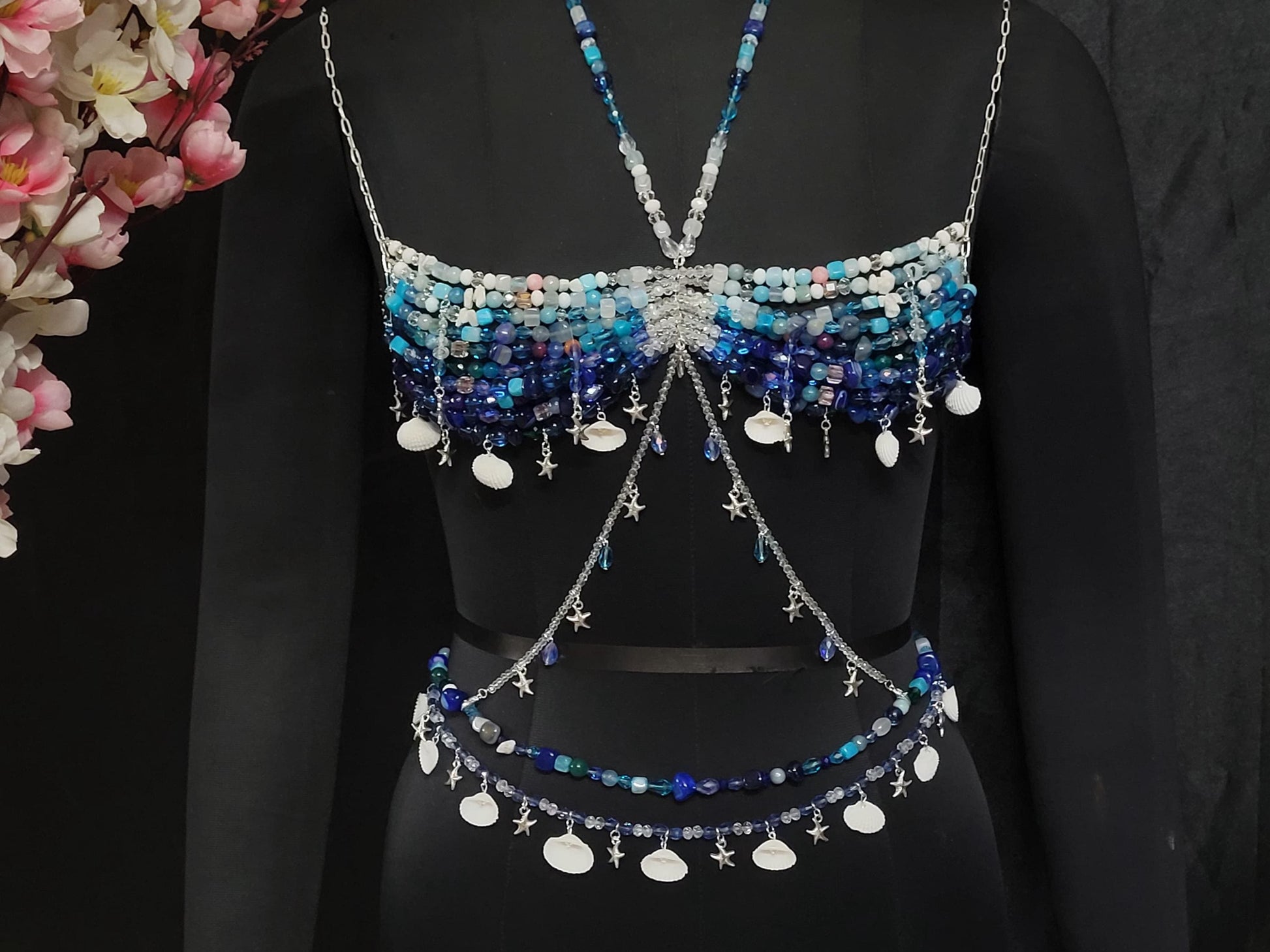 Natural Gemstone Bra with waist chain, Beaded Bralette, Unique Mermaid Top Rave Carnival Festival Costume, Best Birthday Outfit Gift for her