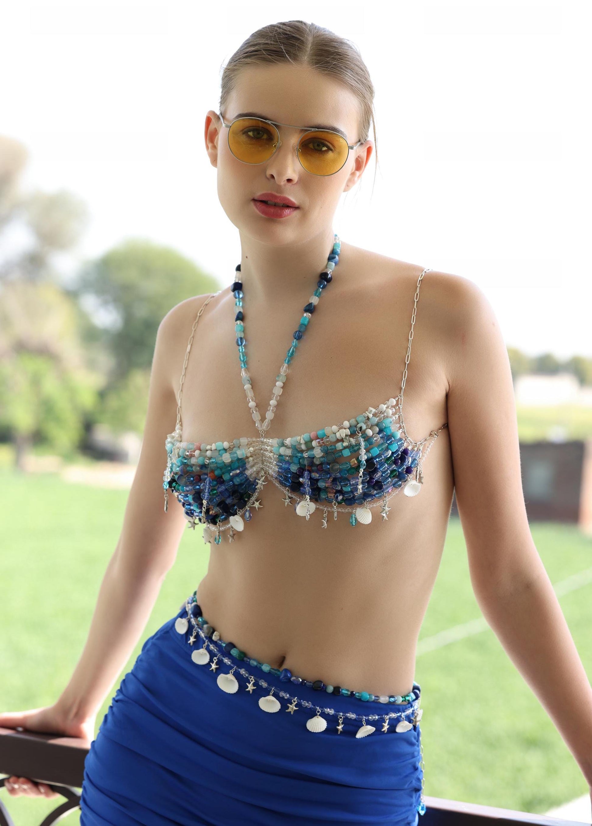 Natural Gemstone Bra with waist chain, Beaded Bralette, Unique Mermaid Top Rave Carnival Festival Costume, Best Birthday Outfit Gift for her