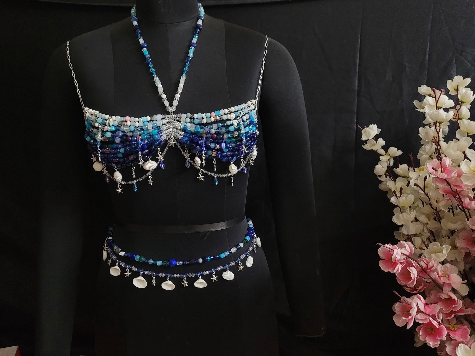Natural Gemstone Bra with waist chain, Beaded Bralette, Unique Mermaid Top Rave Carnival Festival Costume, Best Birthday Outfit Gift for her