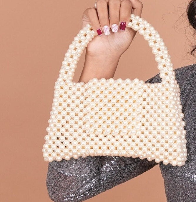 Pearl Beaded Bag, Pearl Wedding Handbag, Cream Beaded Bridal Purse, Evening Bag for Women, Faux Pearl Bag for her birthday gift, Custom Gift