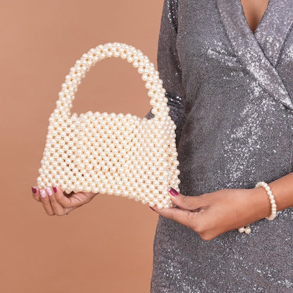Pearl Beaded Bag, Pearl Wedding Handbag, Cream Beaded Bridal Purse, Evening Bag for Women, Faux Pearl Bag for her birthday gift, Custom Gift