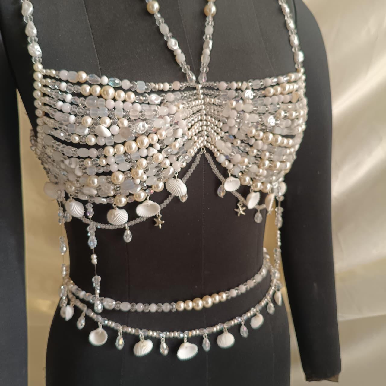 Pearl Beaded Bralette Necklace | Handmade Shell & Crystal Body Jewelry | Mermaid Bridal Bust Necklace | Festival Statement Top