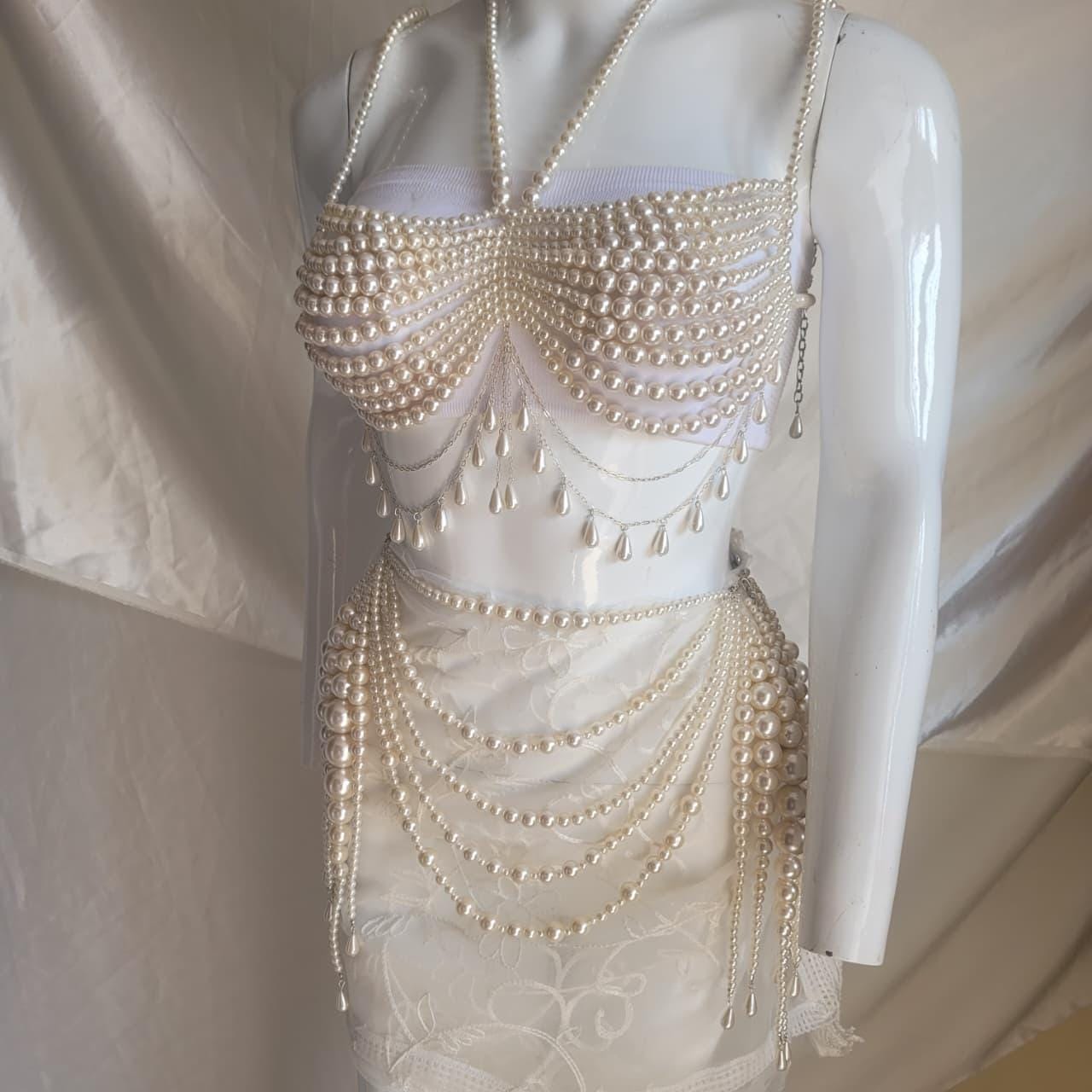 Pearl Festival Bralette & Skirt Set | Statement Pearl Body Chain Outfit | Rave Beachwear | Coachella Inspired Jewelry