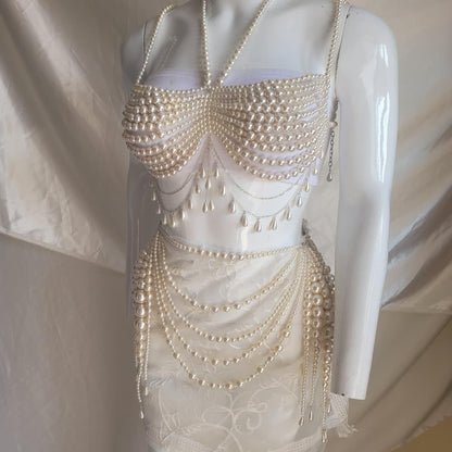 Pearl Festival Bralette & Skirt Set | Statement Pearl Body Chain Outfit | Rave Beachwear | Coachella Inspired Jewelry