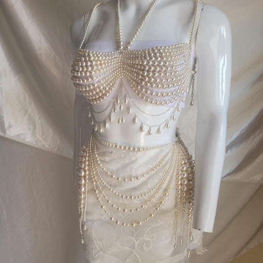 Pearl Festival Bralette & Skirt Set | Statement Pearl Body Chain Outfit | Rave Beachwear | Coachella Inspired Jewelry