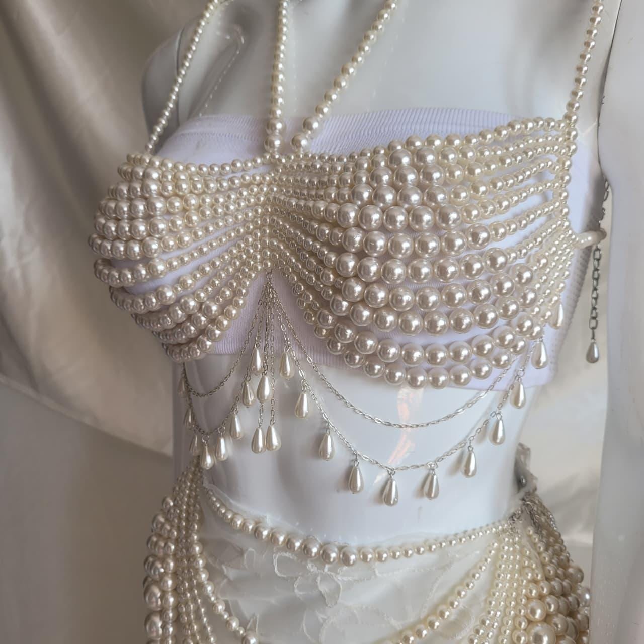 Pearl Festival Bralette & Skirt Set | Statement Pearl Body Chain Outfit | Rave Beachwear | Coachella Inspired Jewelry