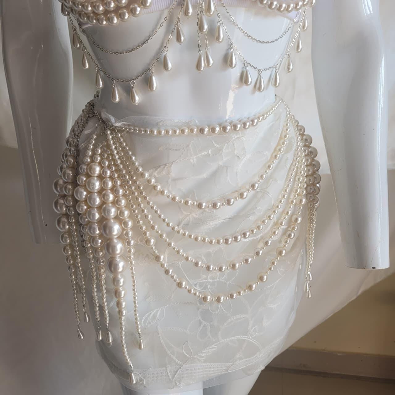Pearl Festival Bralette & Skirt Set | Statement Pearl Body Chain Outfit | Rave Beachwear | Coachella Inspired Jewelry