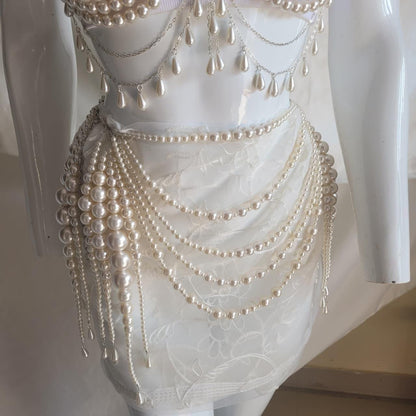 Pearl Festival Bralette & Skirt Set | Statement Pearl Body Chain Outfit | Rave Beachwear | Coachella Inspired Jewelry