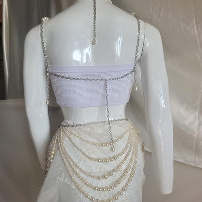 Pearl Festival Bralette & Skirt Set | Statement Pearl Body Chain Outfit | Rave Beachwear | Coachella Inspired Jewelry