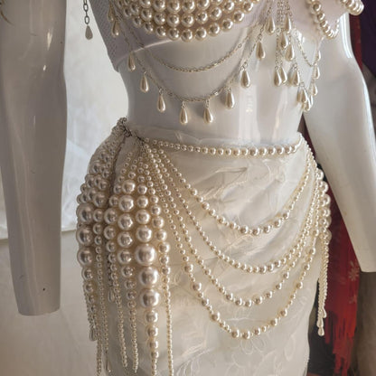 Pearl Festival Bralette & Skirt Set | Statement Pearl Body Chain Outfit | Rave Beachwear | Coachella Inspired Jewelry