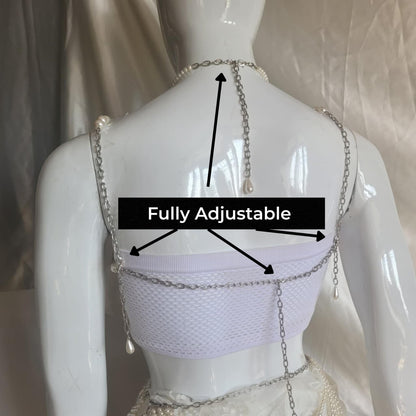 Pearl Festival Bralette & Skirt Set | Statement Pearl Body Chain Outfit | Rave Beachwear | Coachella Inspired Jewelry