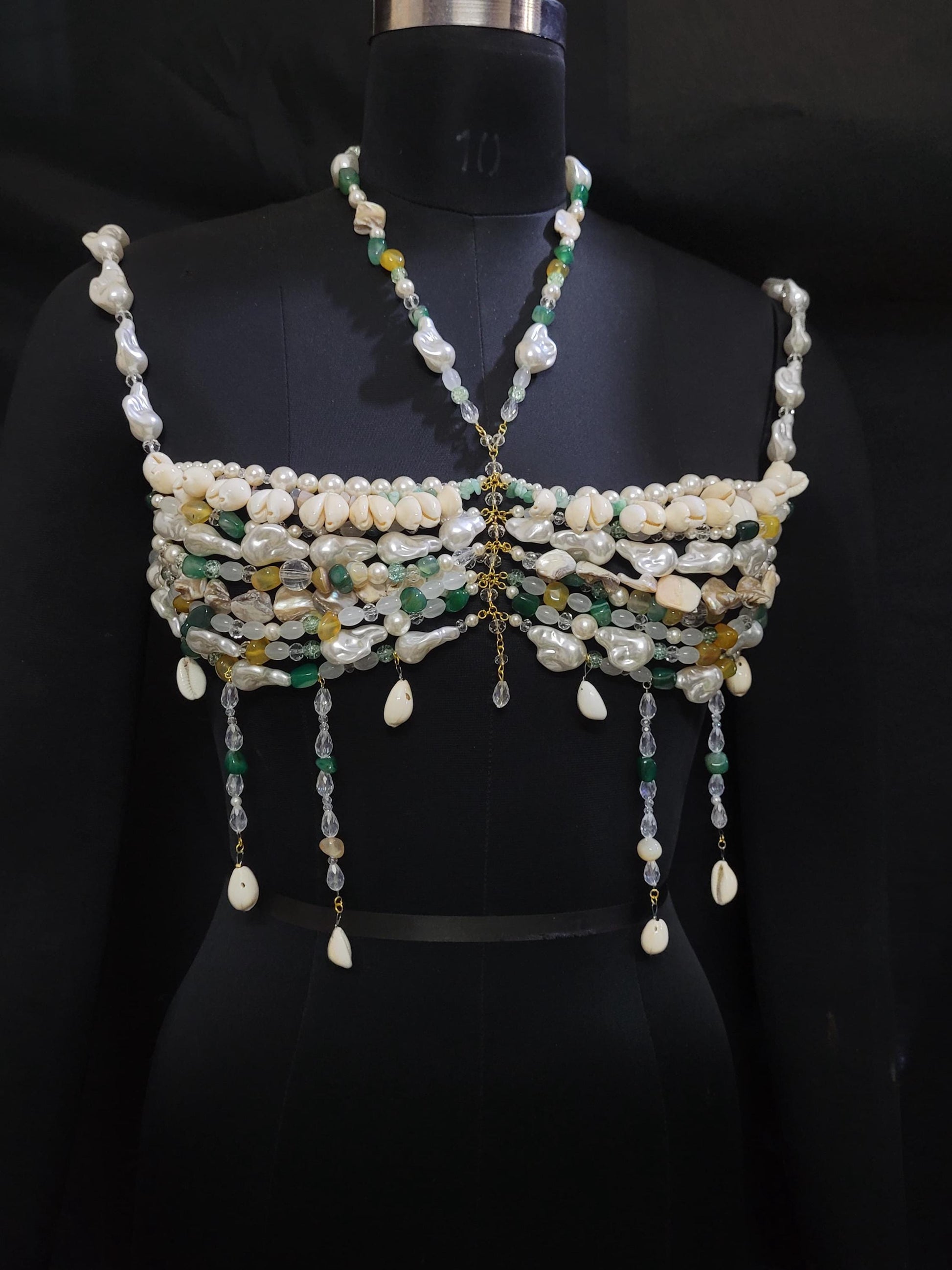 Pearl Shell Beaded Bralette Top | Handmade Festival Bra | Cowrie Shell Top | Boho Beach Wear | Crystal Body Jewelry | Mermaid Rave Outfit