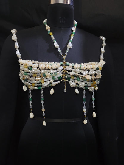 Pearl Shell Beaded Bralette Top | Handmade Festival Bra | Cowrie Shell Top | Boho Beach Wear | Crystal Body Jewelry | Mermaid Rave Outfit