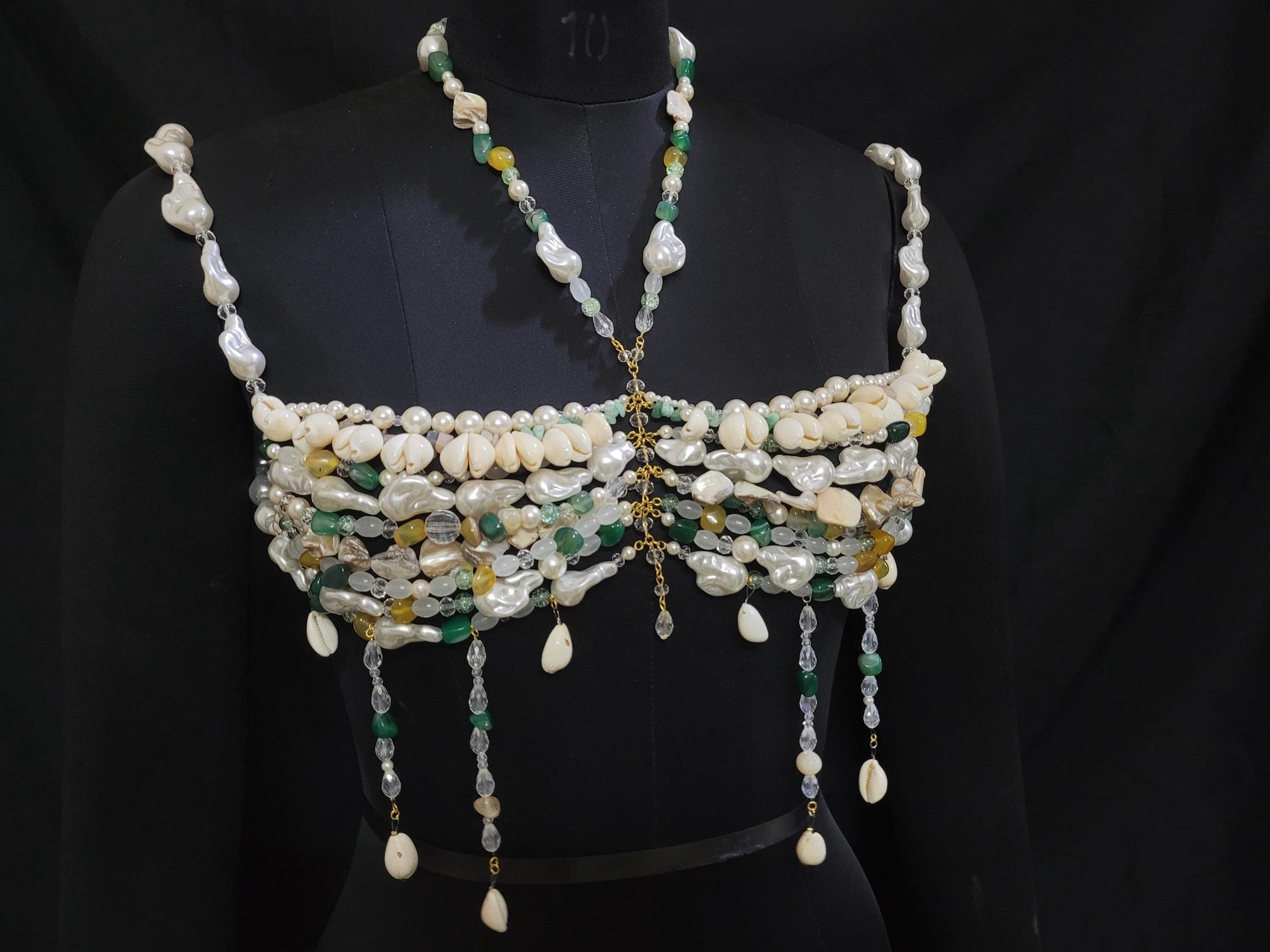 Pearl Shell Beaded Bralette Top | Handmade Festival Bra | Cowrie Shell Top | Boho Beach Wear | Crystal Body Jewelry | Mermaid Rave Outfit