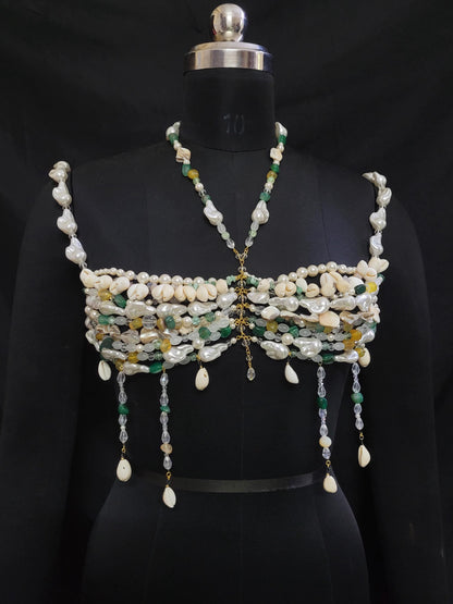 Pearl Shell Beaded Bralette Top | Handmade Festival Bra | Cowrie Shell Top | Boho Beach Wear | Crystal Body Jewelry | Mermaid Rave Outfit