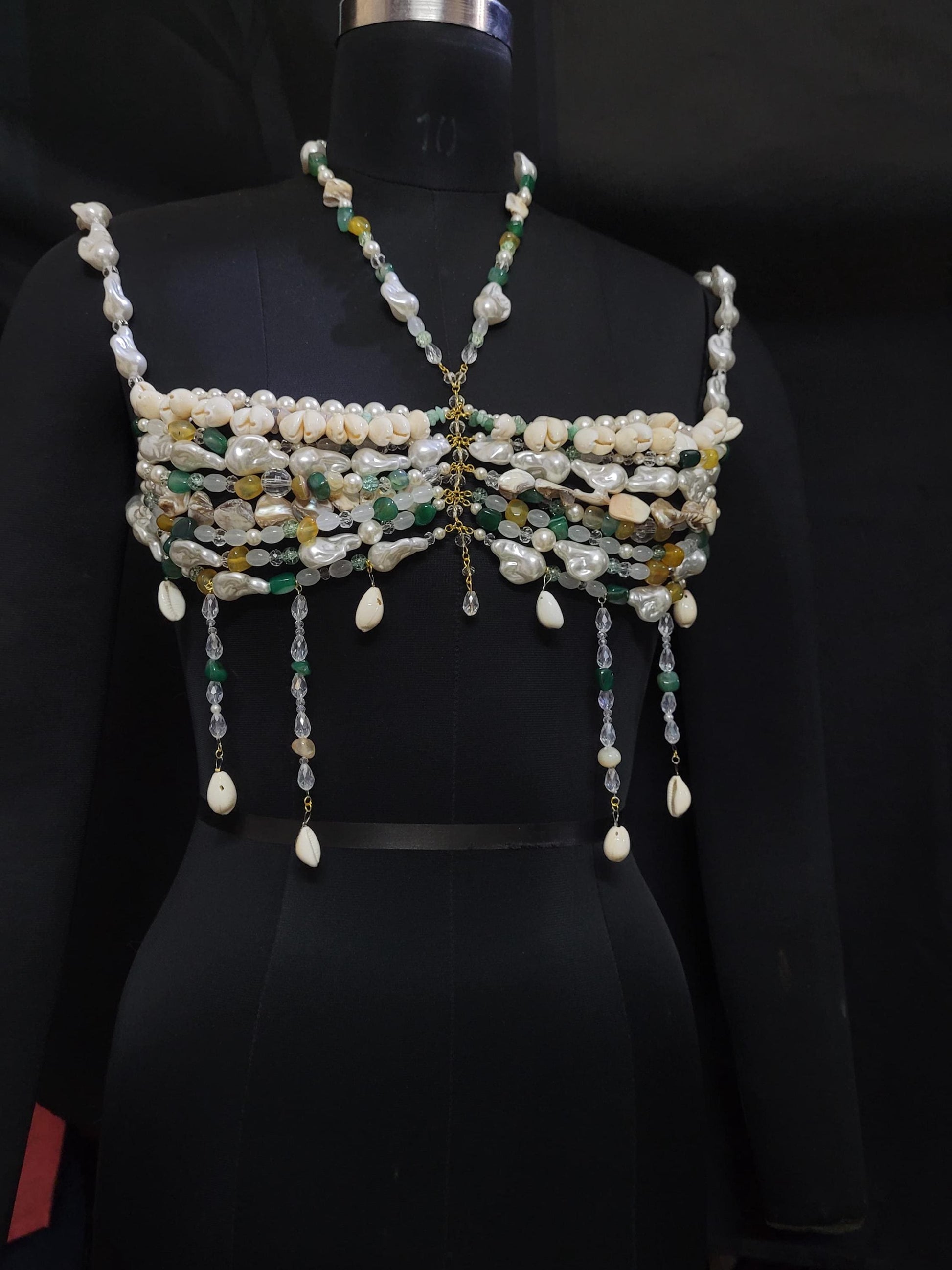 Pearl Shell Beaded Bralette Top | Handmade Festival Bra | Cowrie Shell Top | Boho Beach Wear | Crystal Body Jewelry | Mermaid Rave Outfit
