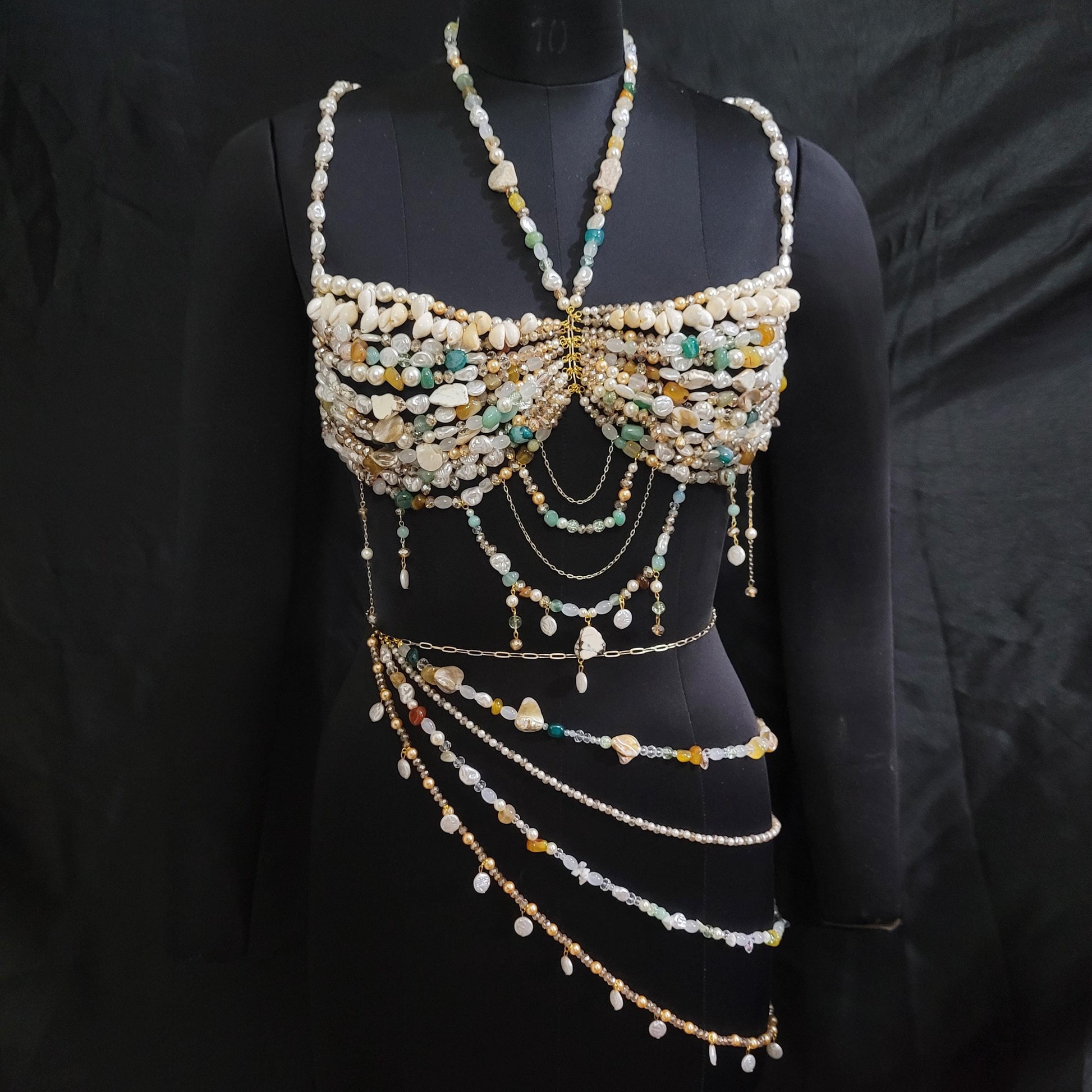 Shell Beaded Bralette and Hip Chain, Holiday Birthday Gift for Her, Beaded Body Chain & Skirt, Mermaid Top Birthday Outfit, Fairy Top Bra
