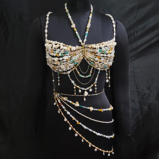 Shell Beaded Bralette and Hip Chain, Holiday Birthday Gift for Her, Beaded Body Chain & Skirt, Mermaid Top Birthday Outfit, Fairy Top Bra