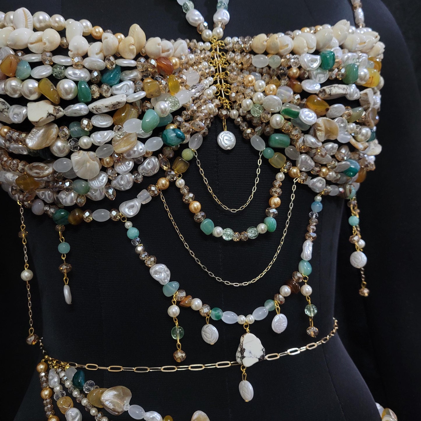 Shell Beaded Bralette and Hip Chain, Holiday Birthday Gift for Her, Beaded Body Chain & Skirt, Mermaid Top Birthday Outfit, Fairy Top Bra