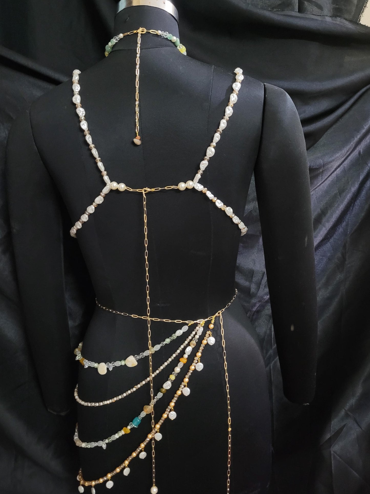 Shell Beaded Bralette and Hip Chain, Holiday Birthday Gift for Her, Beaded Body Chain & Skirt, Mermaid Top Birthday Outfit, Fairy Top Bra
