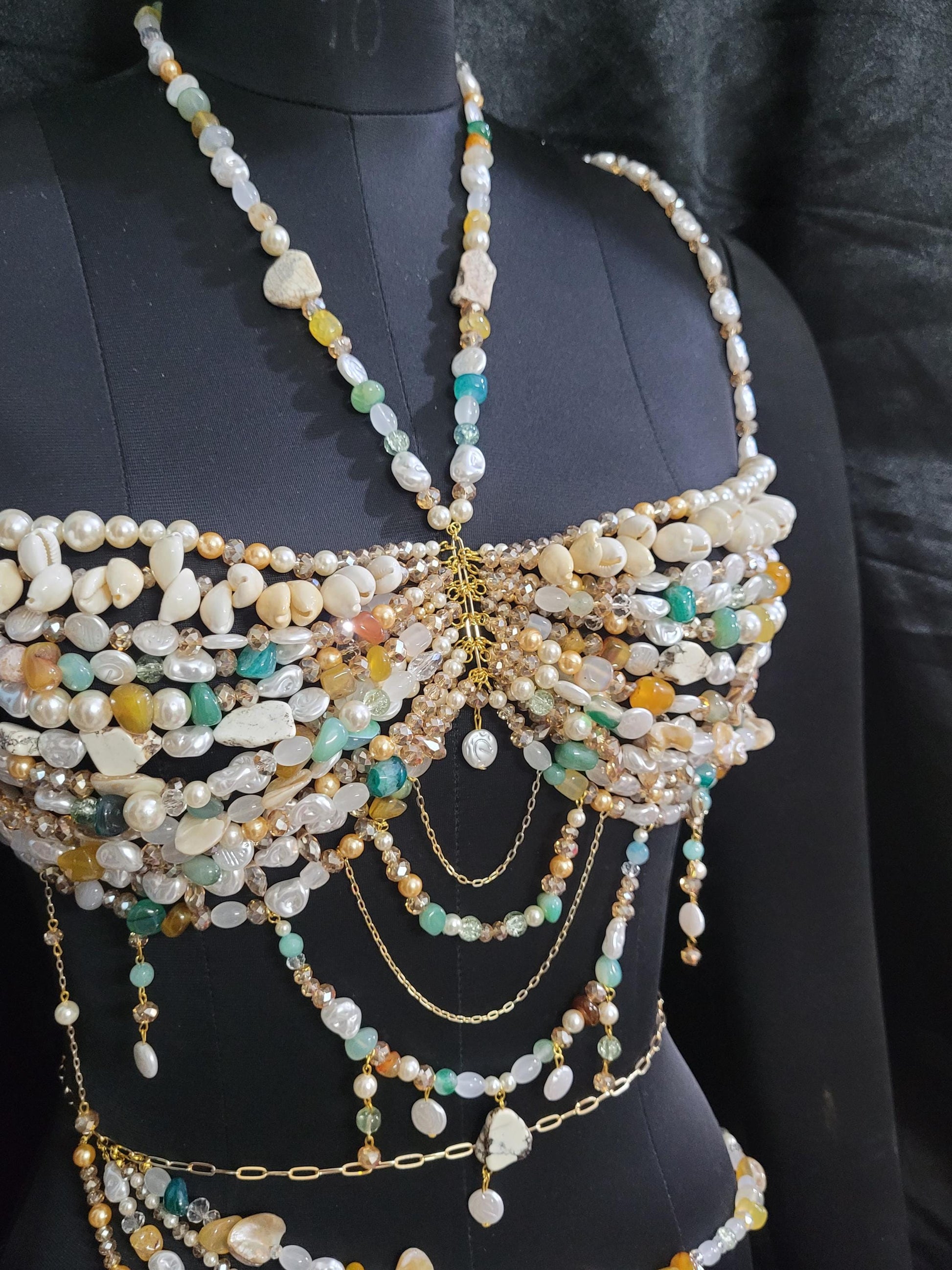 Shell Beaded Bralette and Hip Chain, Holiday Birthday Gift for Her, Beaded Body Chain & Skirt, Mermaid Top Birthday Outfit, Fairy Top Bra