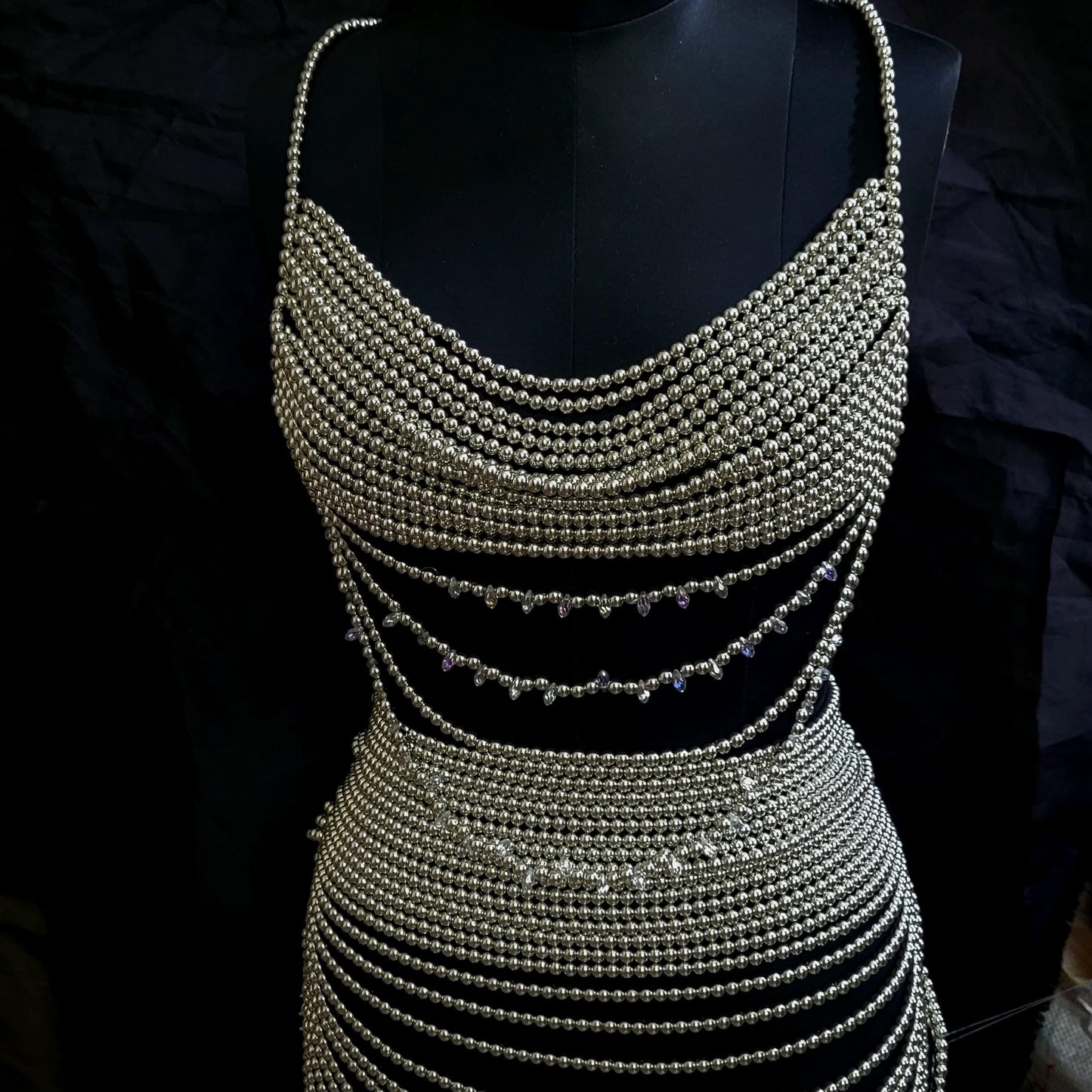 Silver Beaded Bralette Top – Handmade Festival Bead Bra – Layered Pearl Chain Crop Top – Statement Rave Outfit – Boho Belly Dance Top