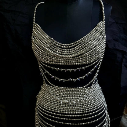 Silver Beaded Bralette Top – Handmade Festival Bead Bra – Layered Pearl Chain Crop Top – Statement Rave Outfit – Boho Belly Dance Top