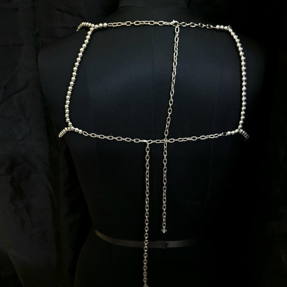 Silver Beaded Bralette Top – Handmade Festival Bead Bra – Layered Pearl Chain Crop Top – Statement Rave Outfit – Boho Belly Dance Top