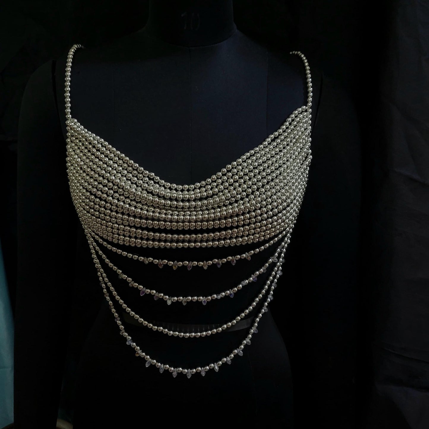 Silver Beaded Bralette Top – Handmade Festival Bead Bra – Layered Pearl Chain Crop Top – Statement Rave Outfit – Boho Belly Dance Top