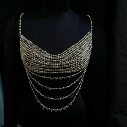 Silver Beaded Bralette Top – Handmade Festival Bead Bra – Layered Pearl Chain Crop Top – Statement Rave Outfit – Boho Belly Dance Top