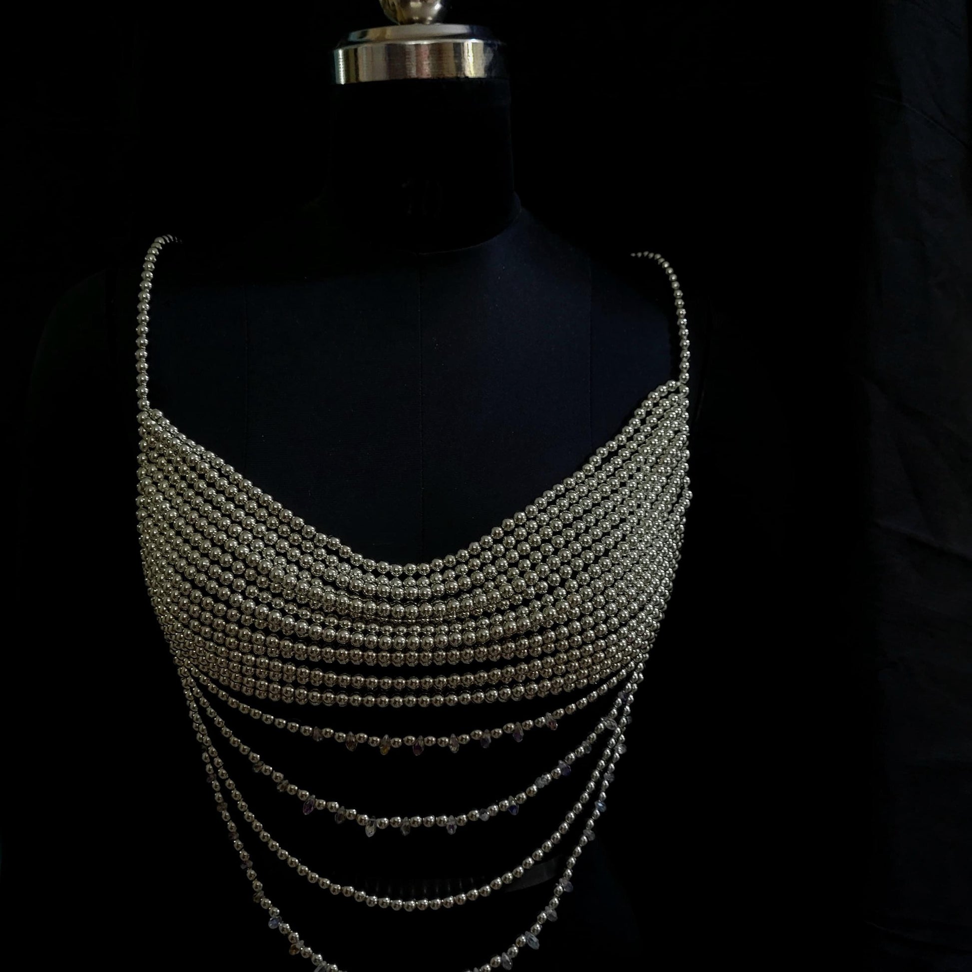 Silver Beaded Bralette Top – Handmade Festival Bead Bra – Layered Pearl Chain Crop Top – Statement Rave Outfit – Boho Belly Dance Top