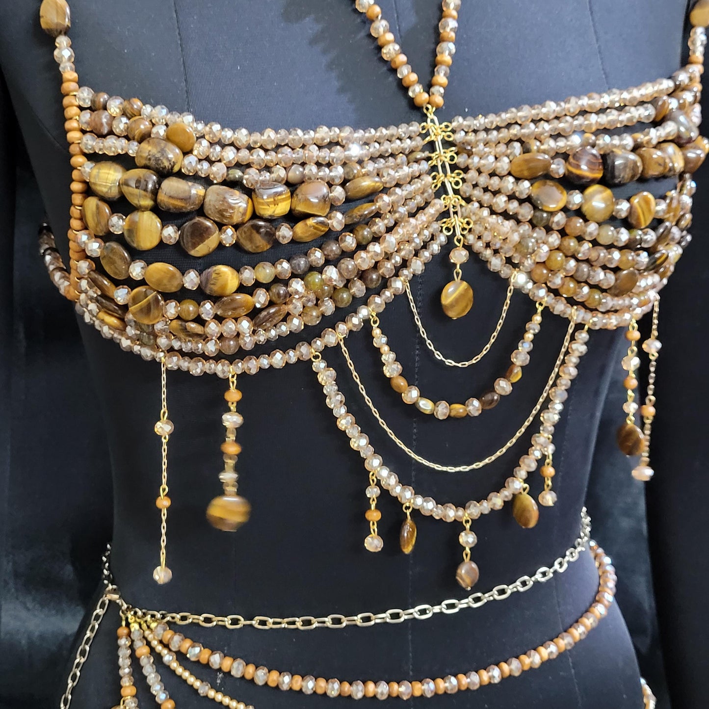 Tiger Eye Beaded Bralette & Skirt Set – Luxury Goddess Festival Outfit, Handmade Gemstone Body Jewelry, Statement Burning Man Rave Wear