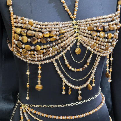 Tiger Eye Beaded Bralette & Skirt Set – Luxury Goddess Festival Outfit, Handmade Gemstone Body Jewelry, Statement Burning Man Rave Wear